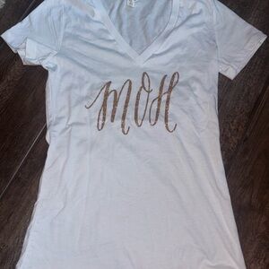 Bella Canvas White V-Neck Tee with Gold MOH “Maid/Matron of Honor” wedding